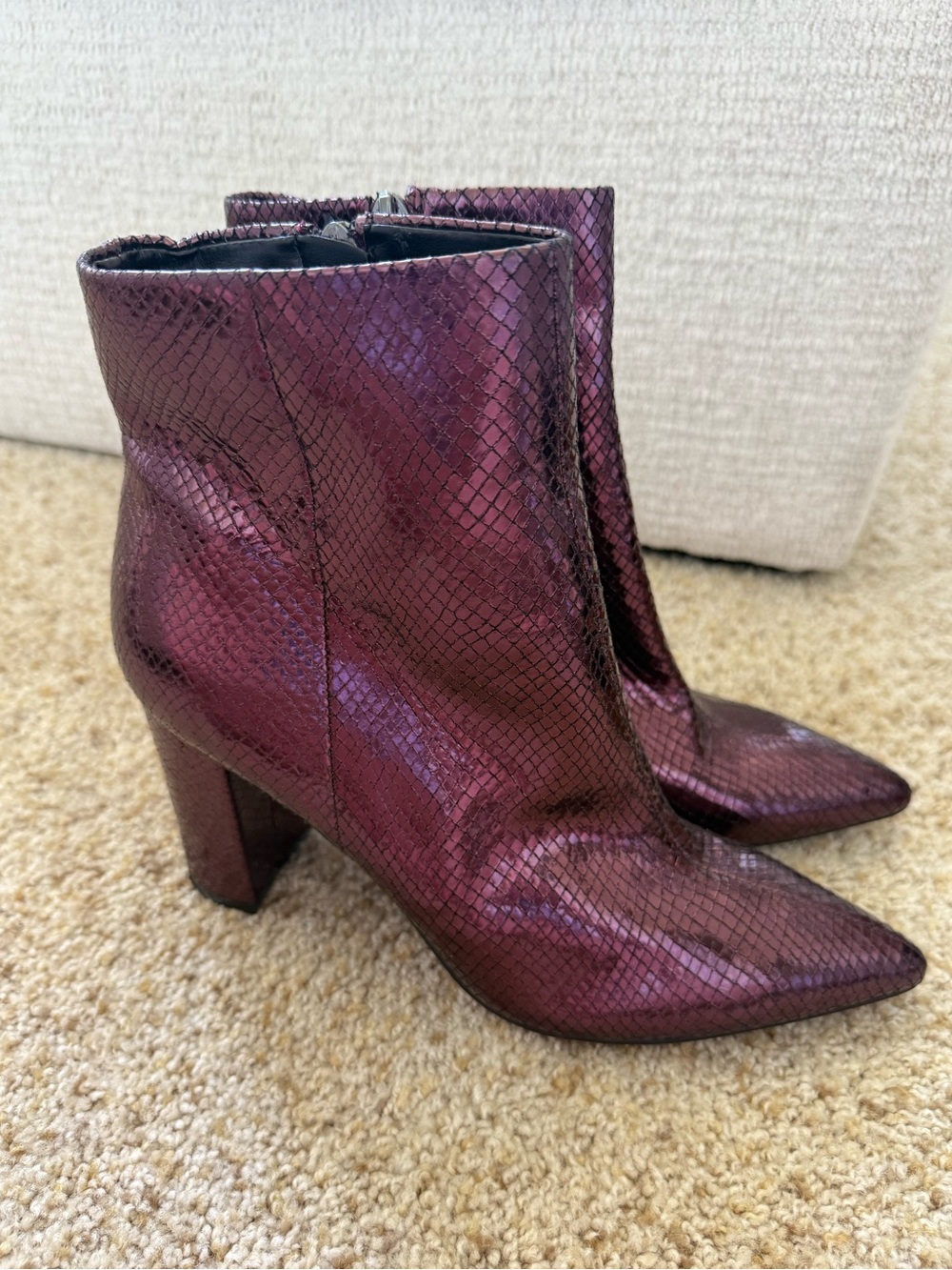 NWOT Marc Fisher Women's Purple Snake-Print Pointed Toe Ankle Boots